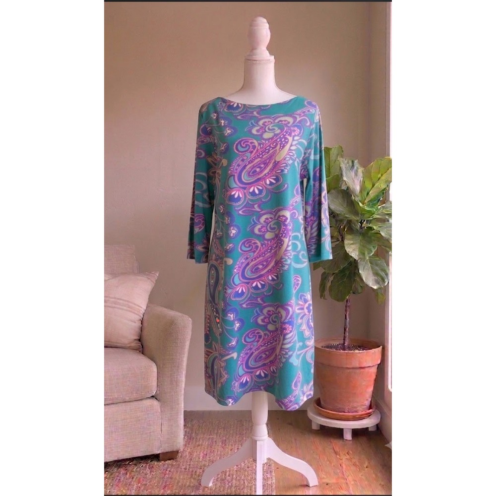 Britt by Britt Ryan Paisley Shift Dress Womens XL Turquoise 3/4 Sleeve Mod